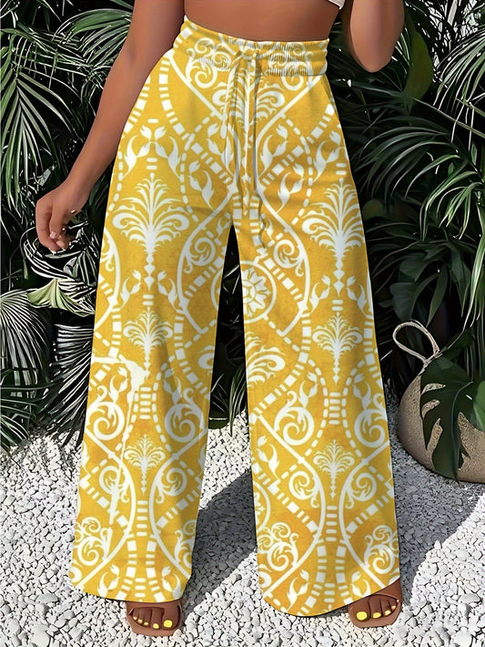 Women's Bohemian Wide Leg Palazzo Pants with Tropical Floral Print