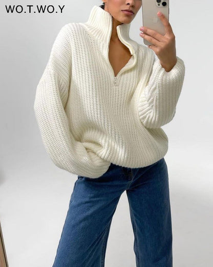 Women's Thick Casual Zipper Lapel Knit Sweater