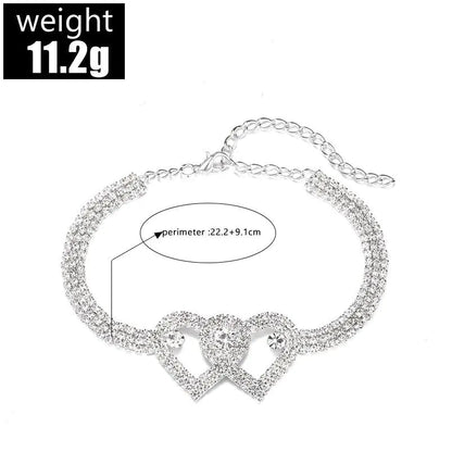 Double Heart Anklet Bracelet Love Barefoot Chain Bling Crystal Ankle Bracelet