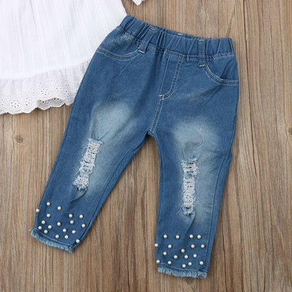 Girls' Ruffle Sleeve Off-Shoulder Top and Denim Pants