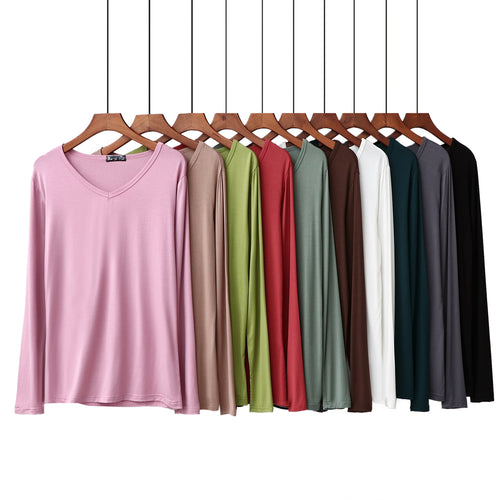 Ladies Plus Size V-neck Candy Color Long-sleeved Top
