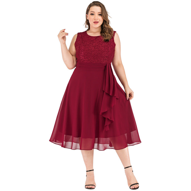 Elegant Plus Size Lace Chiffon Fit and Flare Dress