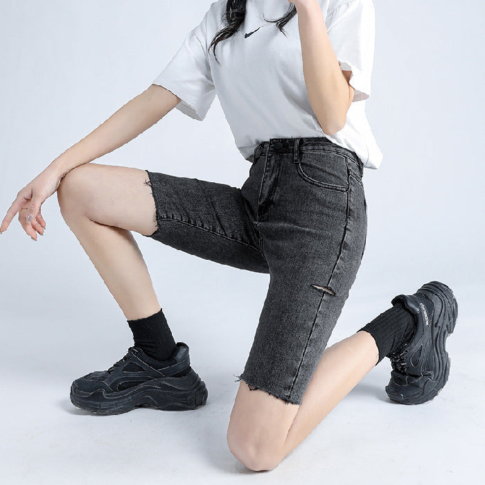 Trendy Women's Tight-Fitting Denim Five-Point Pants