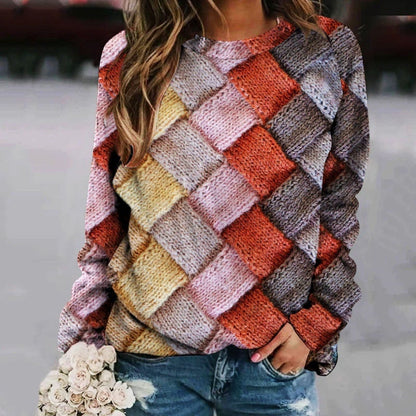 Printed Patchwork Round Neck Women's Long Sleeve Sweater