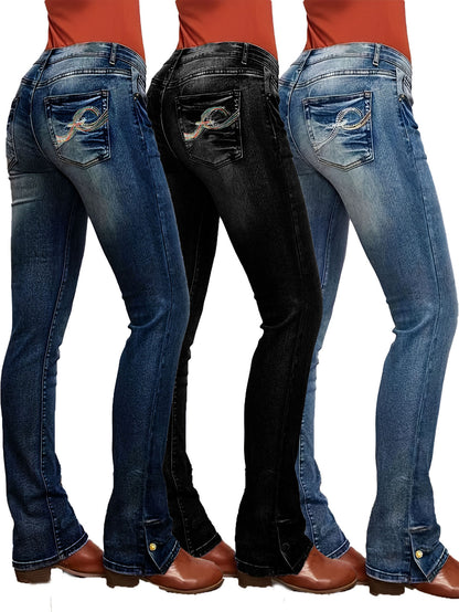 Women's Stretchy Straight-Leg Embroidered Denim Pants