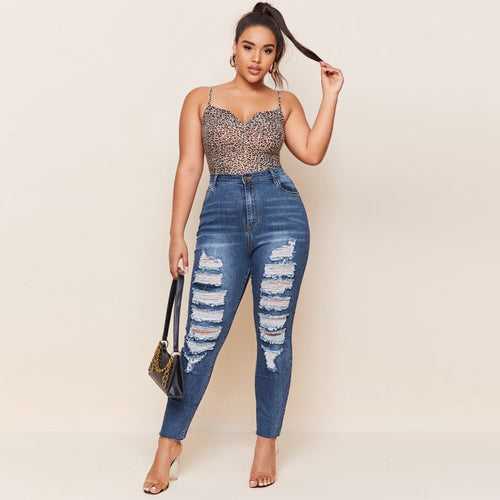 Washed Ripped Plus Size Slim Pencil Pants