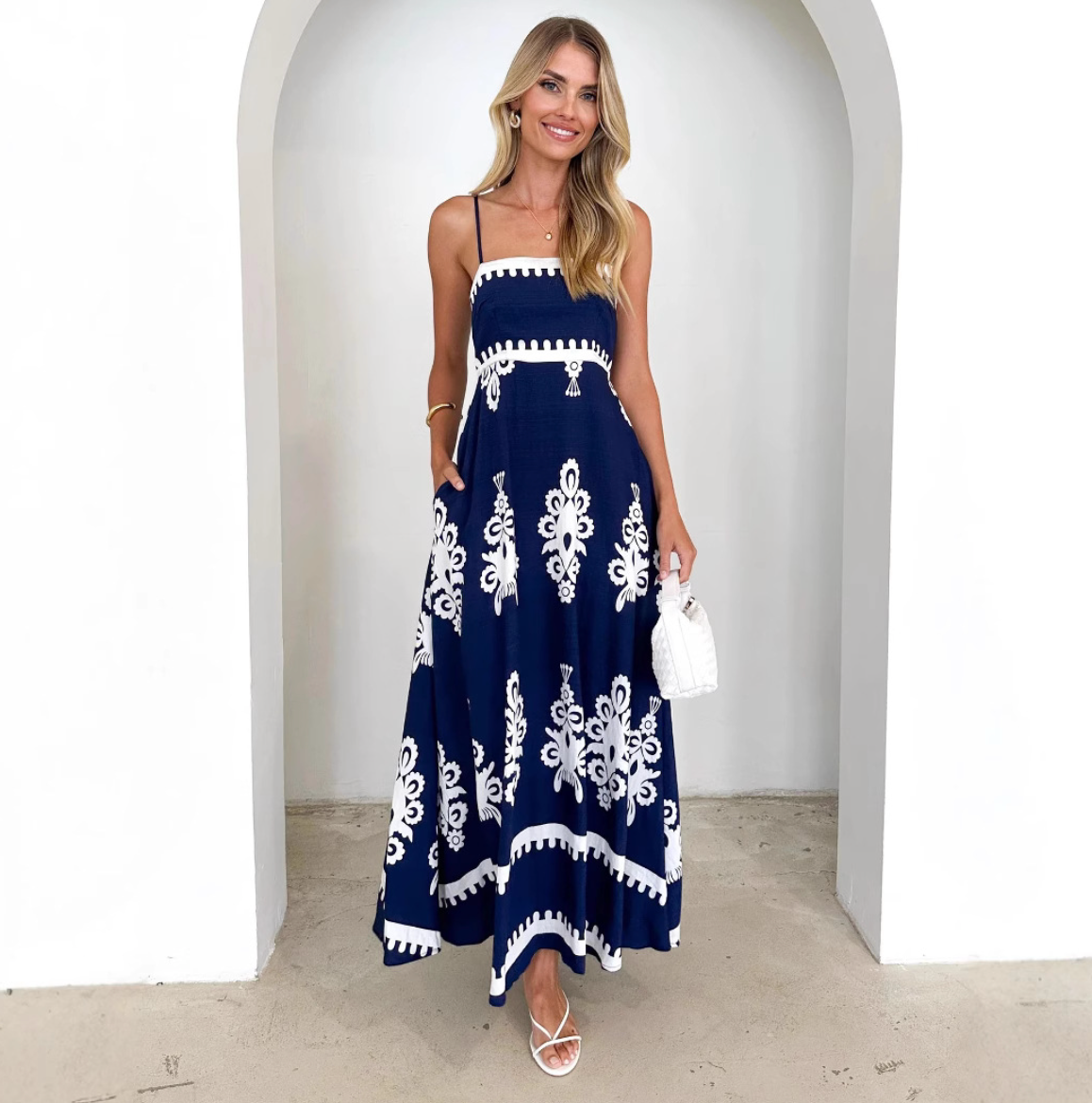 Geometric Print Sling Dress Women