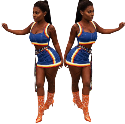 Colorful Striped Denim Skirt and Casual Two-Piece Set