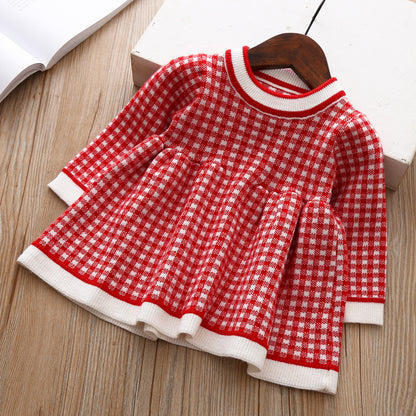 Girls' Knitted Plaid Sweater Dress for Children