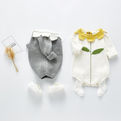 Leaf Collar Knit Long Sleeve Jumpsuit for Baby Girls