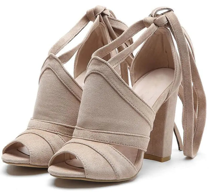 Suede Peep-Toe Sandals with High Chunky Heels