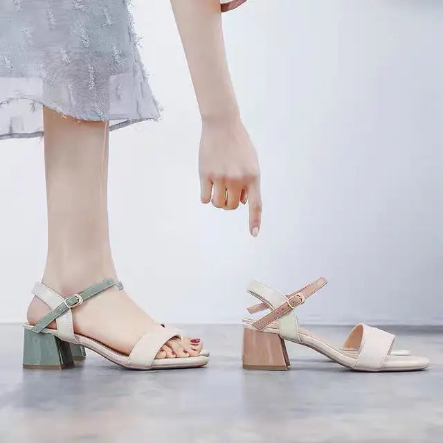 Mid-Heel Chunky Buckle Roman High Heels