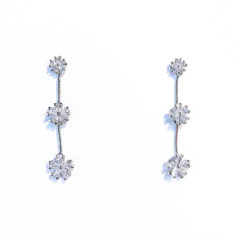 Long Rhinestone Snowflake Earrings with 925 Silver Pins