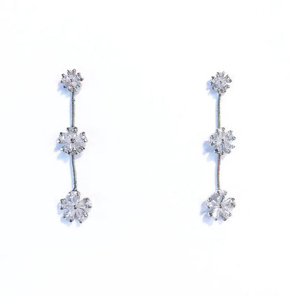 Long Rhinestone Snowflake Earrings with 925 Silver Pins
