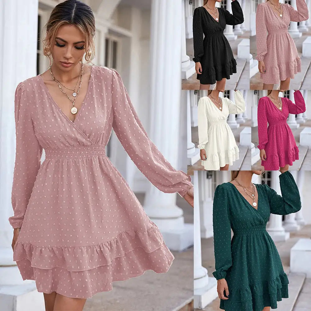 V-Neck Long Sleeve Ruffle A-Line Skirt Dress
