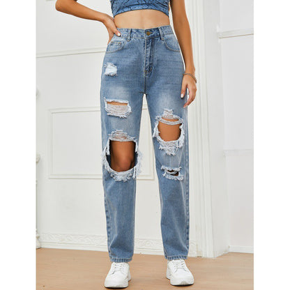 Women's Distressed Straight Leg Denim Pants