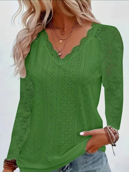 Chic Contrast Lace V-neck Eyelet T-Shirt