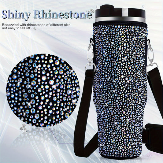 A bottle carrying bag suitable, featuring shiny stones, with a adjustable shoulder strap