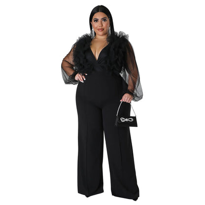 Plus Size Mesh Jumpsuit with Ruffles and Deep V Neck