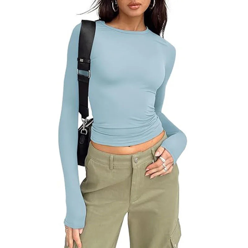 Women T-shirt Long Sleeve Crew Neck Solid Slim Fit Tee  Crop Top