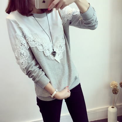 Plus Size Loose Long Sleeve Sweater with Lace Detail