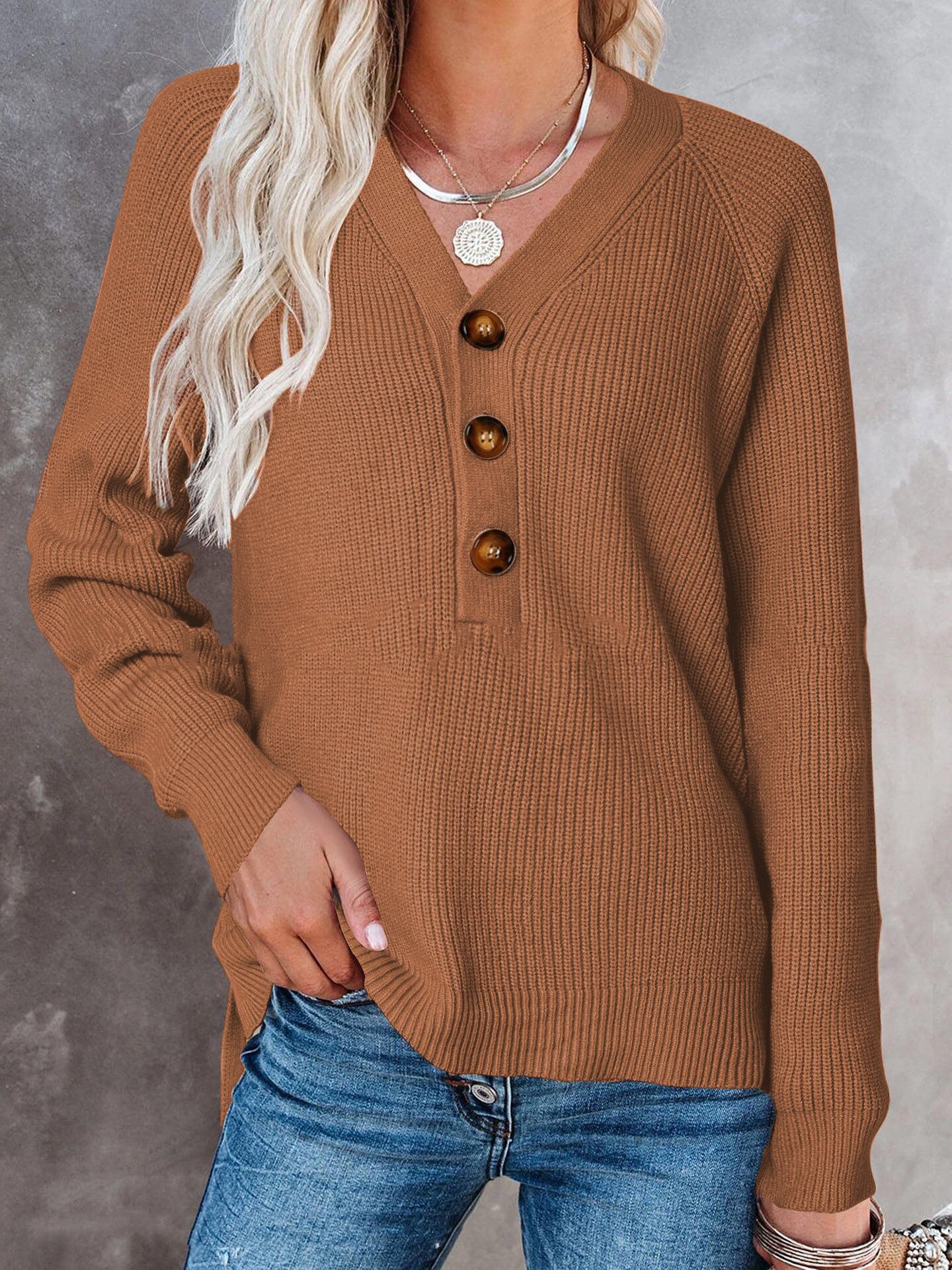 New Button Knitted V-Neck Sweater for Women