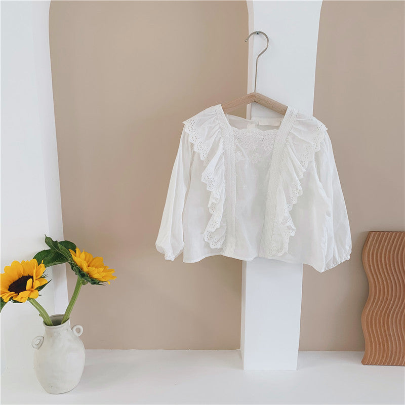 Long Sleeve Lace Top, Puff Sleeve Autumn Blouse for Girls