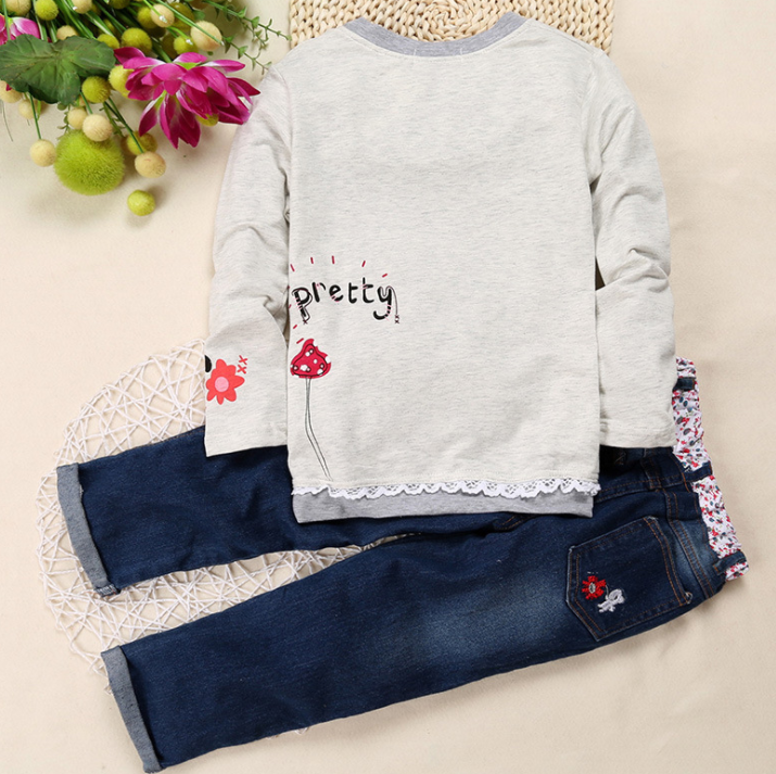 Girls' Outfit: Long Sleeve Floral Tee & Jeans