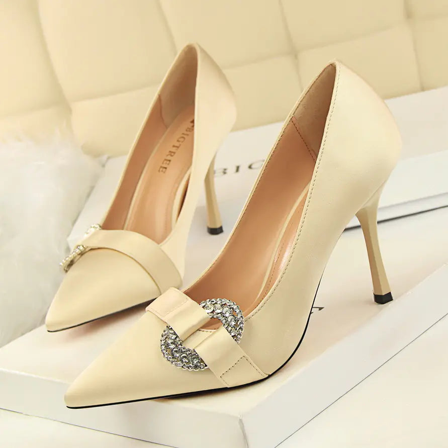 Satin Pointed Toe High Heel Shoes with Rhinestone Buckle - Trendy Attic Store01