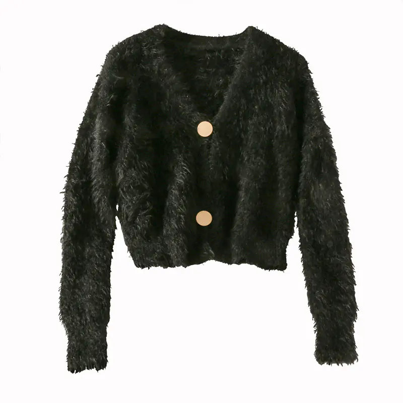 Korean Plush V-Neck Short Cardigan Sweater for Women