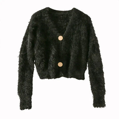Korean Plush V-Neck Short Cardigan Sweater for Women
