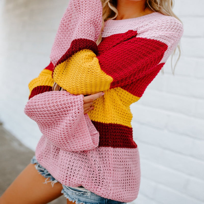 Plus Size Casual Striped Sweater with Round Neck