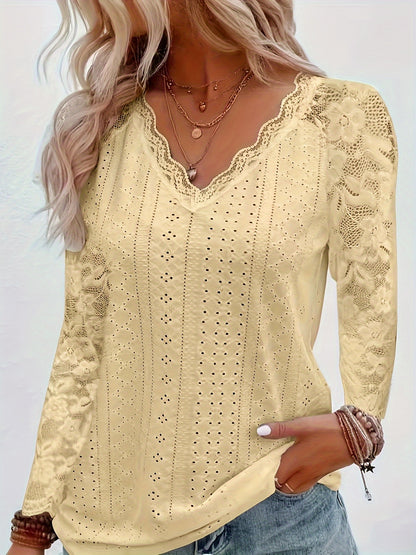 Chic Contrast Lace V-neck Eyelet T-Shirt