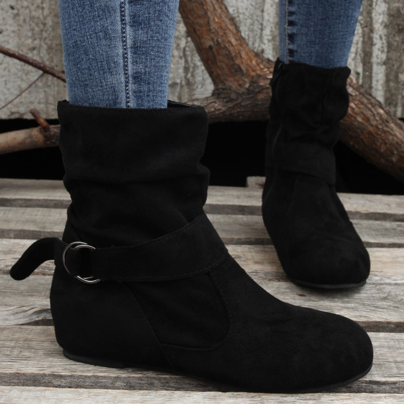 Ankle Boots  Round Toe Buckle Belt Side Zipper Boots