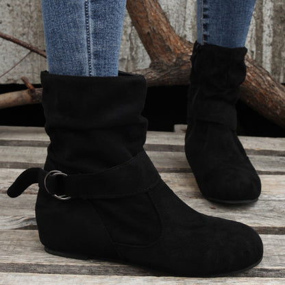 Ankle Boots  Round Toe Buckle Belt Side Zipper Boots