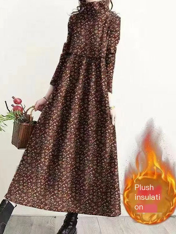 Retro Floral Turtleneck Dress for Women