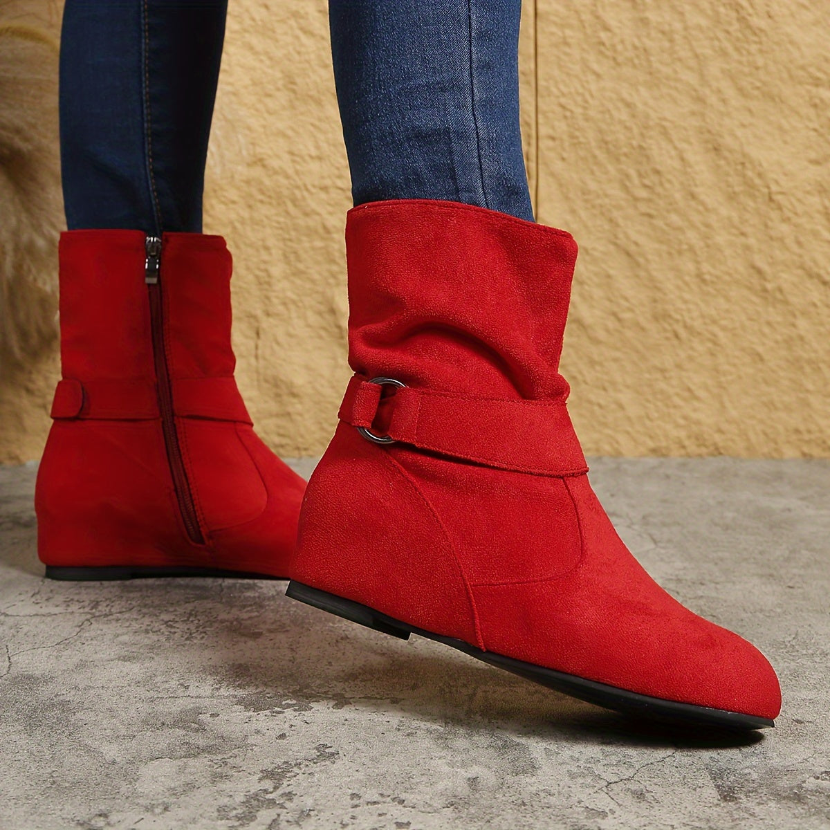 Ankle Boots  Round Toe Buckle Belt Side Zipper Boots