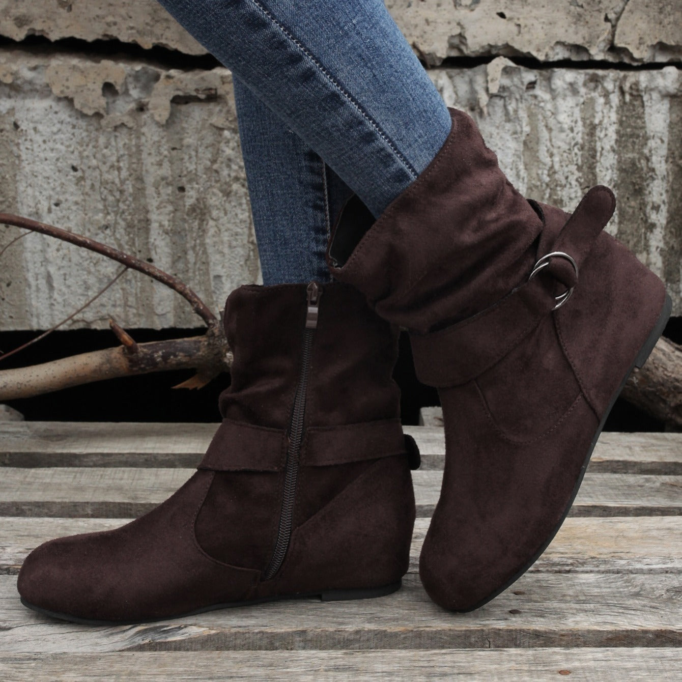 Ankle Boots  Round Toe Buckle Belt Side Zipper Boots