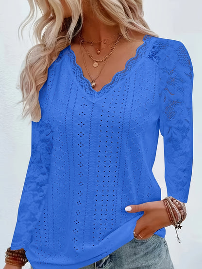 Chic Contrast Lace V-neck Eyelet T-Shirt