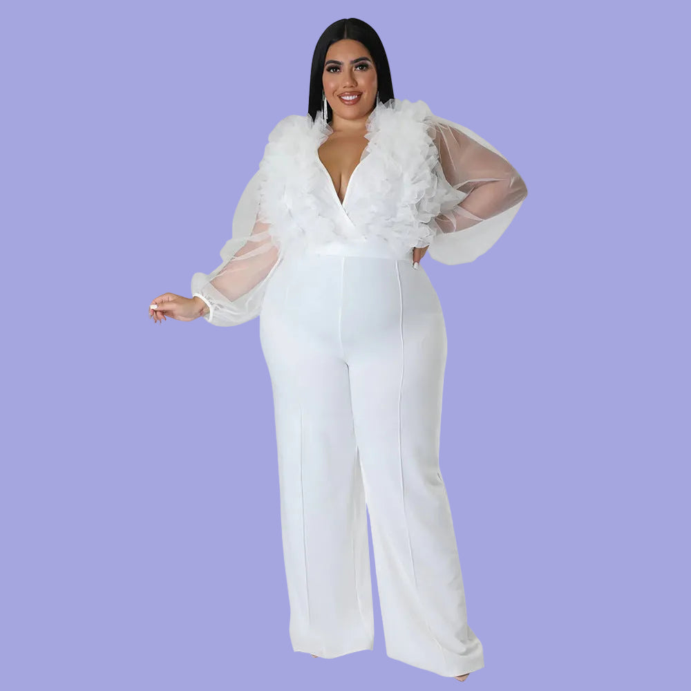 Plus Size Mesh Jumpsuit with Ruffles and Deep V Neck