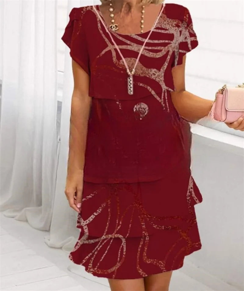 Chiffon Summer Short Sleeve O-Neck Print Loose Party Dresses