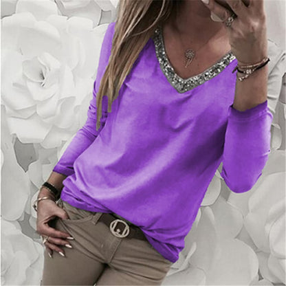 Plus Size Women's Sequin Long Sleeve V Neck T-shirt