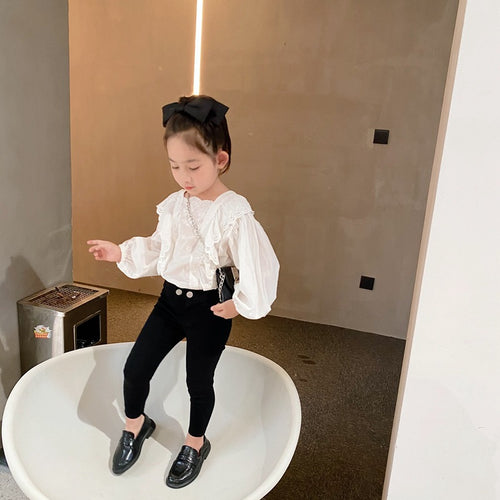 Long Sleeve Lace Top, Puff Sleeve Autumn Blouse for Girls