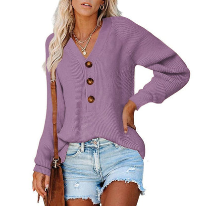 New Button Knitted V-Neck Sweater for Women