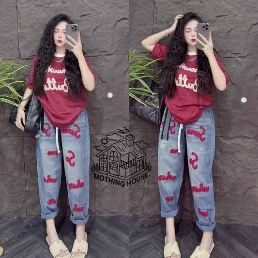 New Letter Printing Short-sleeved Milk Silk Wide-leg Pants Two-piece Set