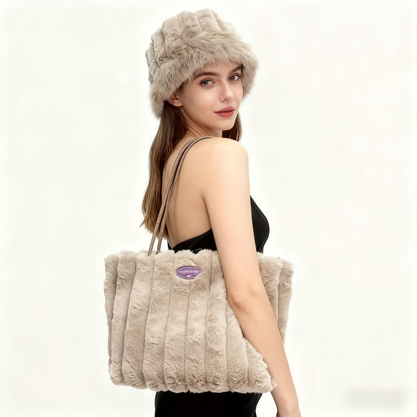 2pcs Women's Fleece-Lined Shoulder & Bucket Hat Set