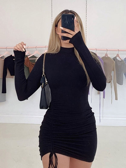 Black Turtleneck Rushed Bodycon Mini Dress for Women