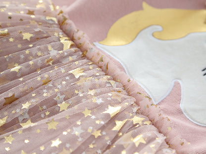 Girl's Long Sleeve Dress with Crown & Unicorn Design