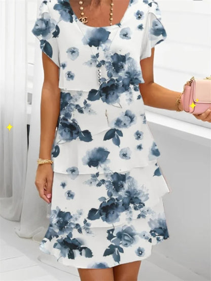 Chiffon Summer Short Sleeve O-Neck Print Loose Party Dresses
