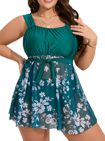 Plus Size Floral Two Piece Swimsuit Dress for Women